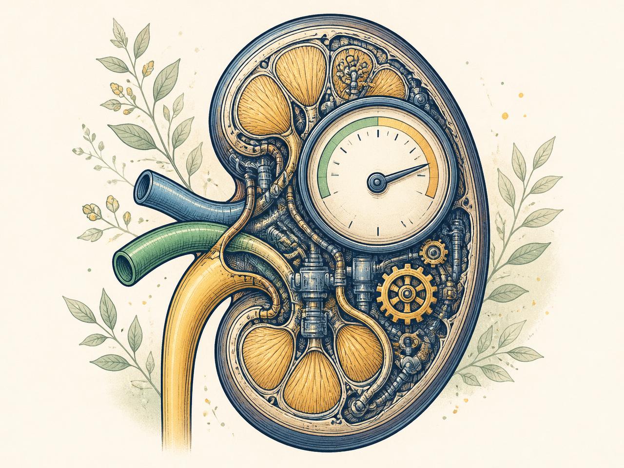 Illustration d'un rein représenté comme un moteur de précision avec un compteur de régime dans la zone verte
